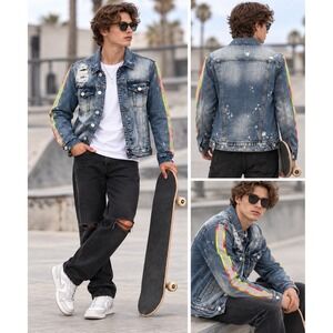 Create 2MRW Distressed Denim Jacket Rainbow Reflective Stripe Blue Unisex Medium